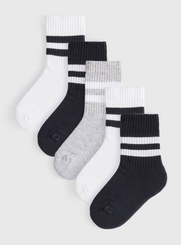 White & Navy Sports Stripe Ankle Socks 5 Pack 9-12 Infant